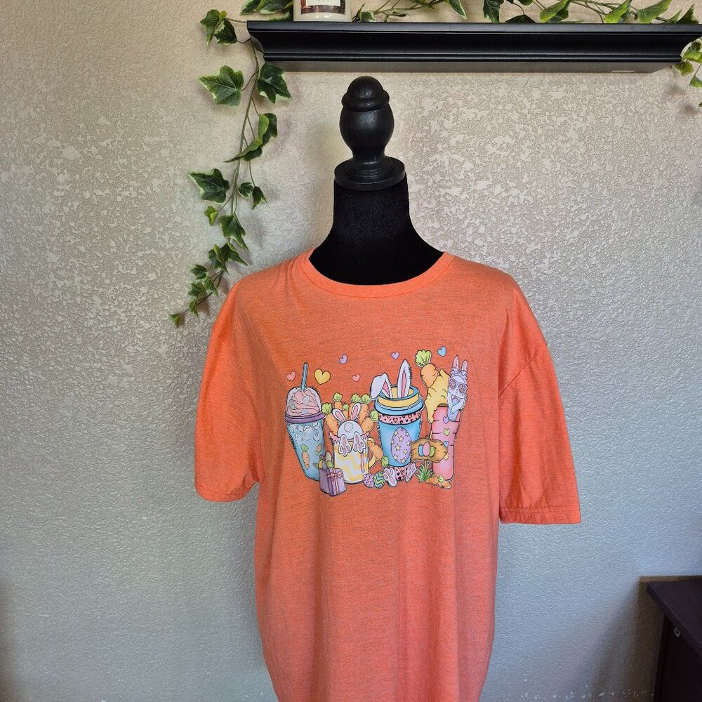 Easter Iced Coffee Orange Shirt - Large Gildan Tee - Handcrafted Holiday Graphic